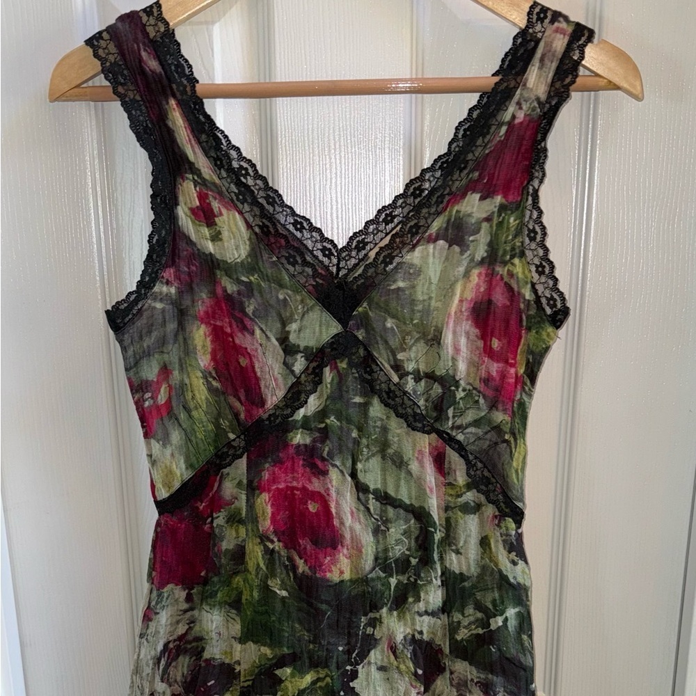 Floral Lace-Trim Midi Dress in Olive and Berry